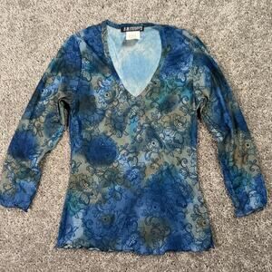 Vintage 90s LA Movers Whimsdelic Floral Print Nylon Blue Green Blouse Small USA
